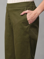 Women's Olive Cotton Lycra Regular Fit Pant