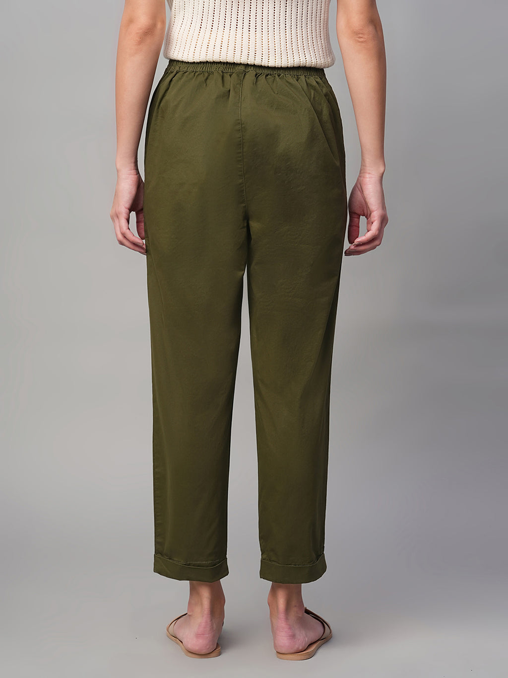 Women's Olive Cotton Lycra Regular Fit Pant