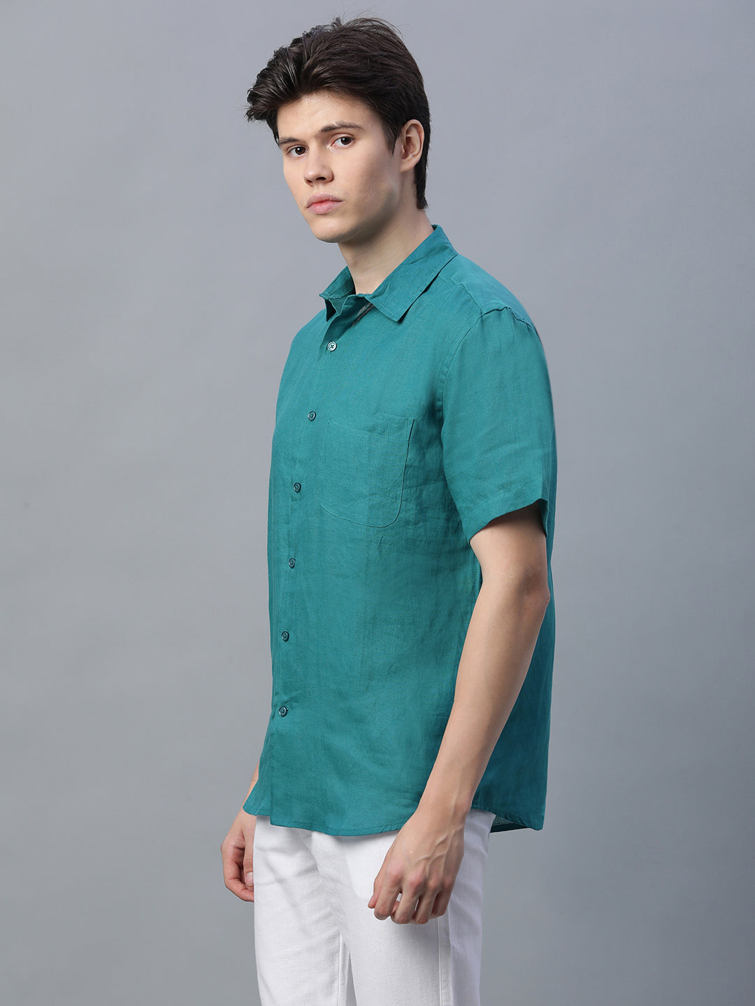 Men's Green 100% Linen Regular Fit Shirt