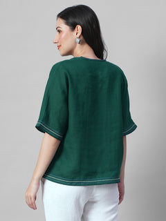 Women's Green 100% Linen Boxy Fit Blouse