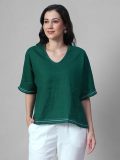Women's Green 100% Linen Boxy Fit Blouse