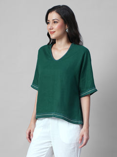Women's Green 100% Linen Boxy Fit Blouse