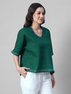 Women's Green 100% Linen Boxy Fit Blouse
