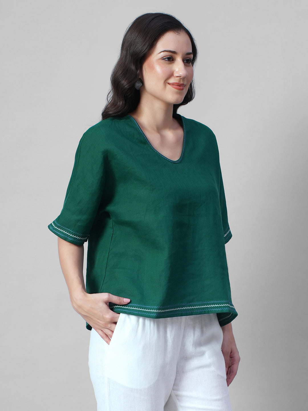 Women's Green 100% Linen Boxy Fit Blouse
