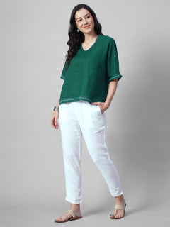 Women's Green 100% Linen Boxy Fit Blouse