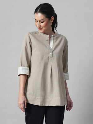 Women's Khaki Linen Cotton Regular Fit Blouse