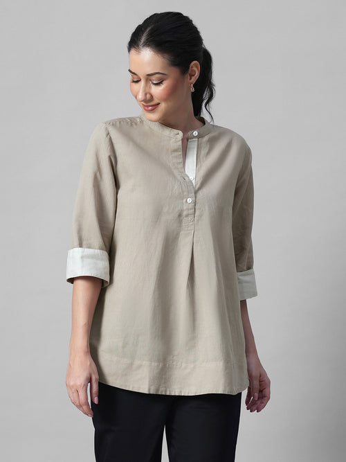 Women's Khaki Linen Cotton Regular Fit Blouse