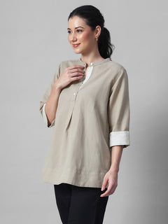 Women's Khaki Linen Cotton Regular Fit Blouse