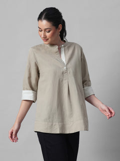 Women's Khaki Linen Cotton Regular Fit Blouse
