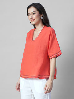 Women's Coral 100% Linen Boxy Fit Blouse