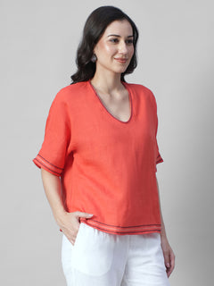 Women's Coral 100% Linen Boxy Fit Blouse