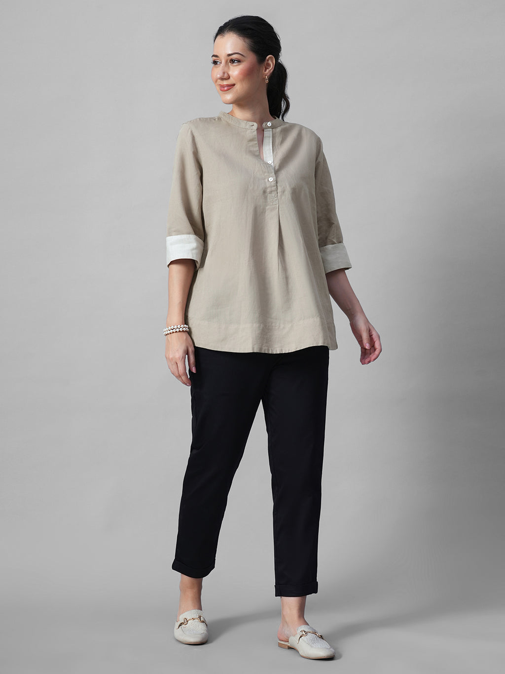 Women's Khaki Linen Cotton Regular Fit Blouse