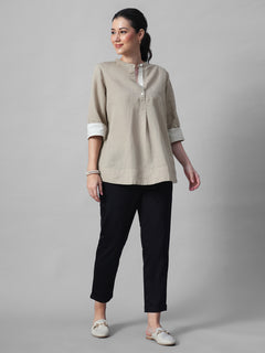 Women's Khaki Linen Cotton Regular Fit Blouse