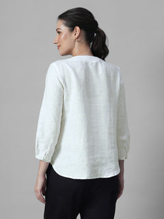 Women's White 100% Linen Regular Fit Blouse