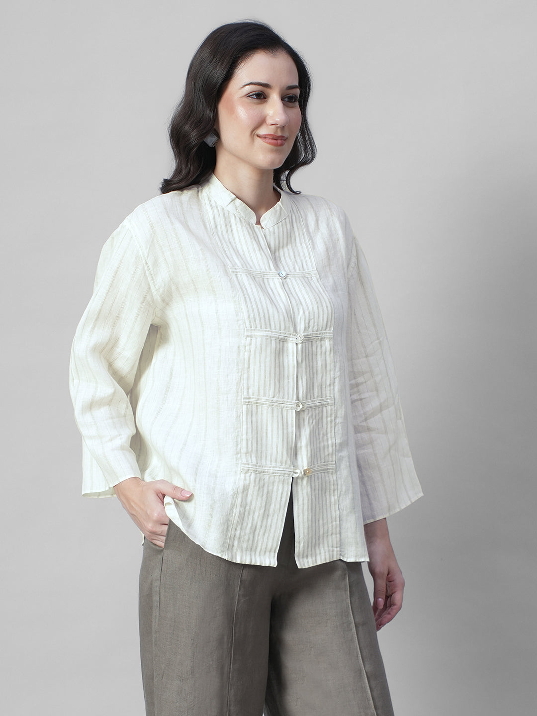Women's Offwhite 100% Linen Boxy Fit Blouse