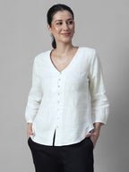 Women's White 100% Linen Regular Fit Blouse