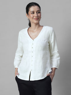 Women's White 100% Linen Regular Fit Blouse