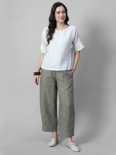 Women's Olive 100% Linen Regular Fit Pant