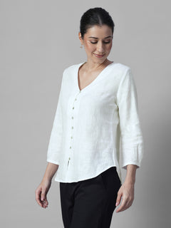 Women's White 100% Linen Regular Fit Blouse