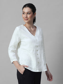 Women's White 100% Linen Regular Fit Blouse