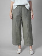 Women's Olive 100% Linen Regular Fit Pant