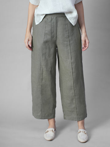 Women's Olive 100% Linen Regular Fit Pant