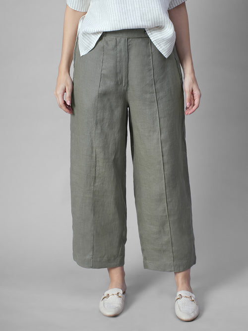 Women's Olive 100% Linen Regular Fit Pant