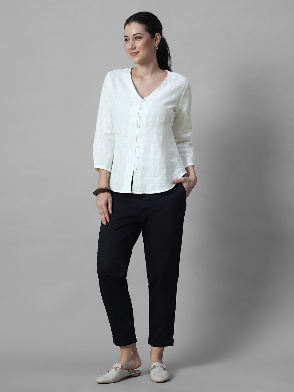Women's White 100% Linen Regular Fit Blouse