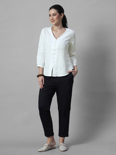 Women's White 100% Linen Regular Fit Blouse