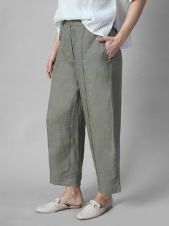 Women's Olive 100% Linen Regular Fit Pant
