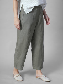 Women's Olive 100% Linen Regular Fit Pant