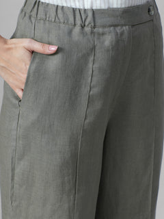 Women's Olive 100% Linen Regular Fit Pant