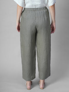 Women's Olive 100% Linen Regular Fit Pant