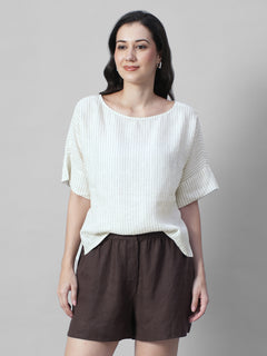 Women's Beige 100% Linen Boxy Fit Blouse