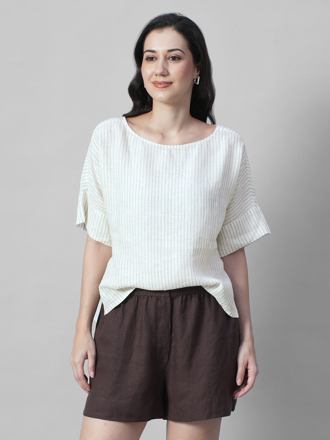 Women's Beige 100% Linen Boxy Fit Blouse