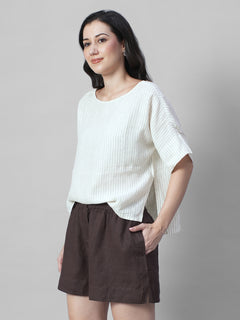 Women's Beige 100% Linen Boxy Fit Blouse