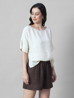 Women's Beige 100% Linen Boxy Fit Blouse