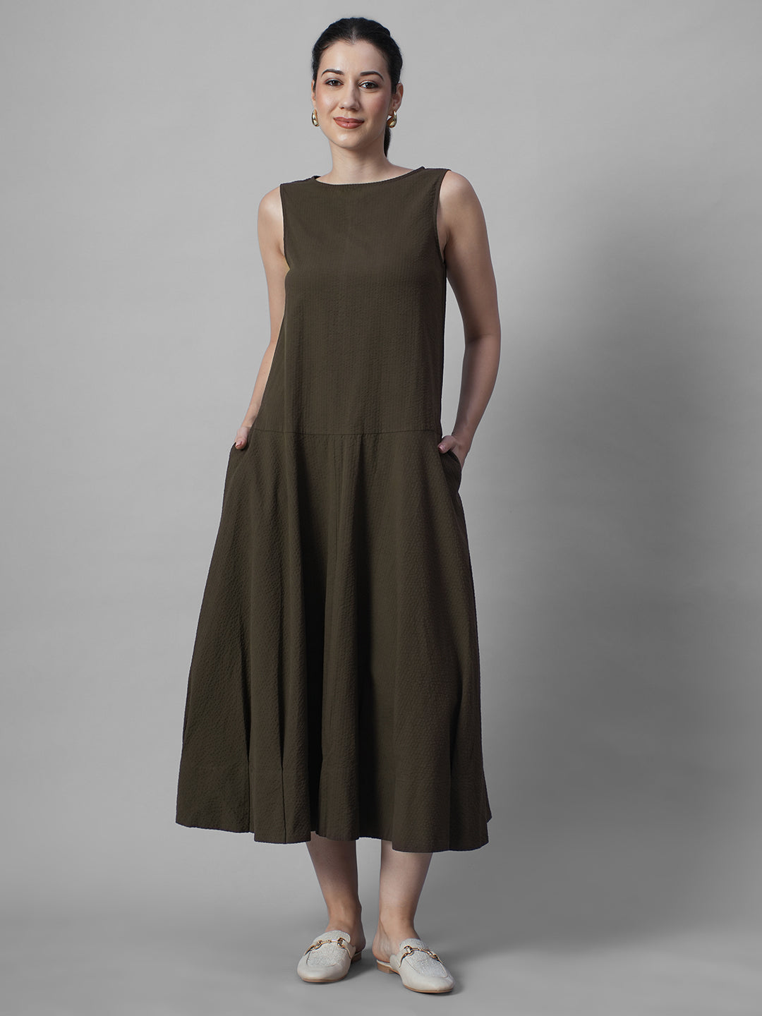 Women's Brown 100% Cotton Regular Fit Dress