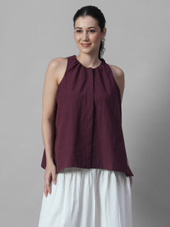 Women's Maroon 100% Linen A Line Blouse