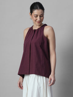 Women's Maroon 100% Linen A Line Blouse