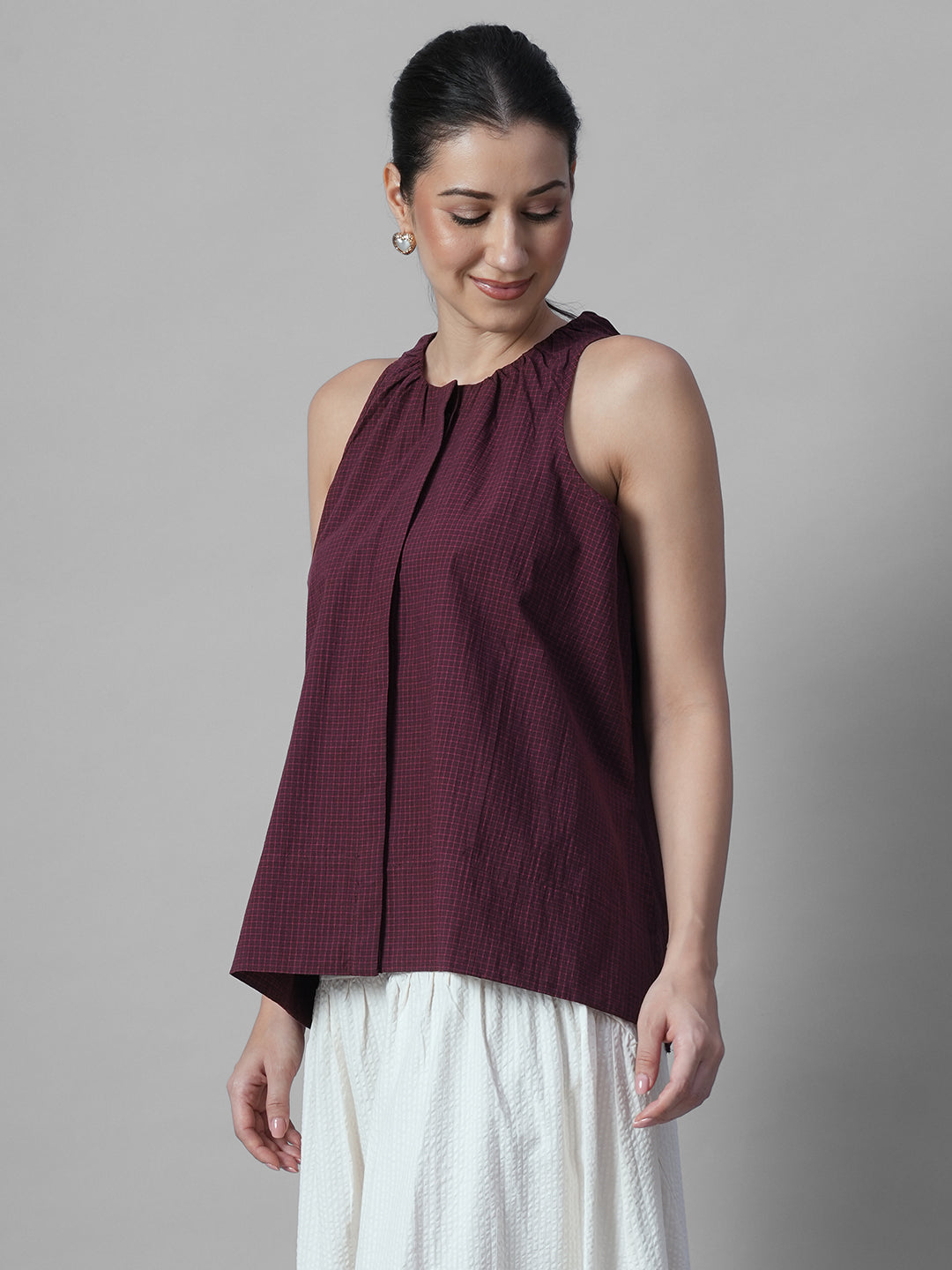 Women's Maroon 100% Linen A Line Blouse