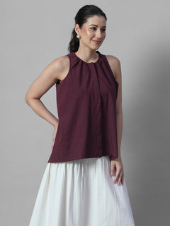 Women's Maroon 100% Linen A Line Blouse