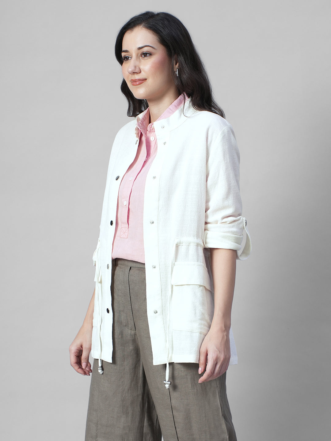 Women's Offwhite 100% Cotton Regular Fit Jacket