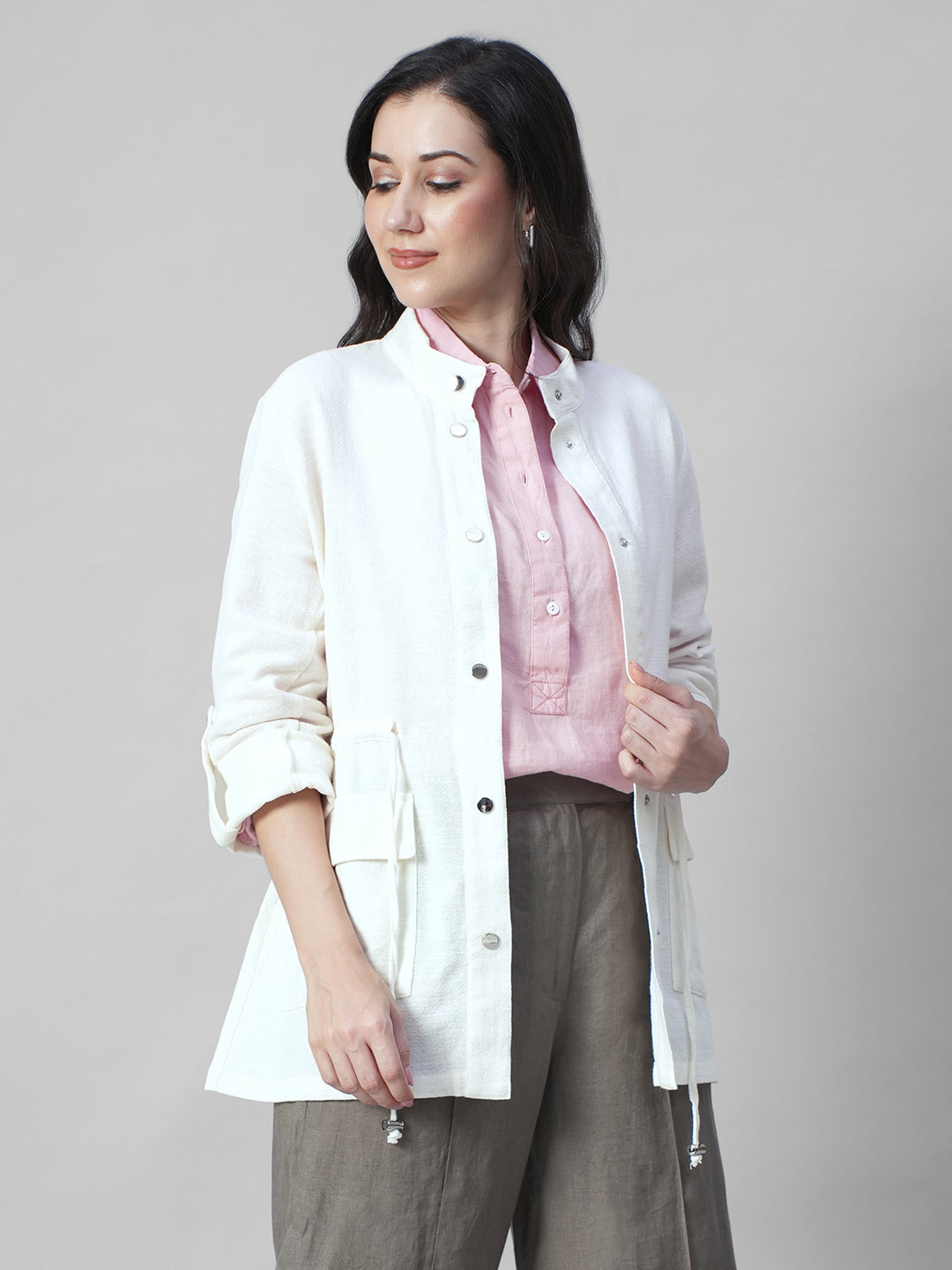 Women's Offwhite 100% Cotton Regular Fit Jacket