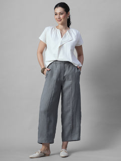 Women's Grey 100% Linen Regular Fit Pant