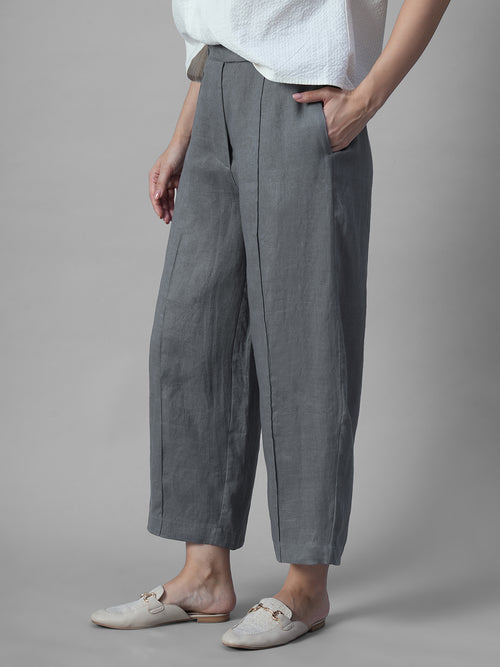 Women's Grey 100% Linen Regular Fit Pant