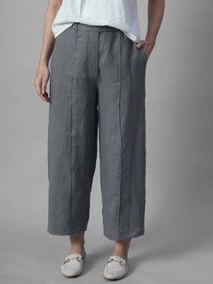 Women's Grey 100% Linen Regular Fit Pant