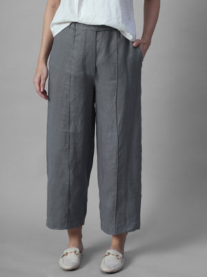 Women's Grey 100% Linen Regular Fit Pant