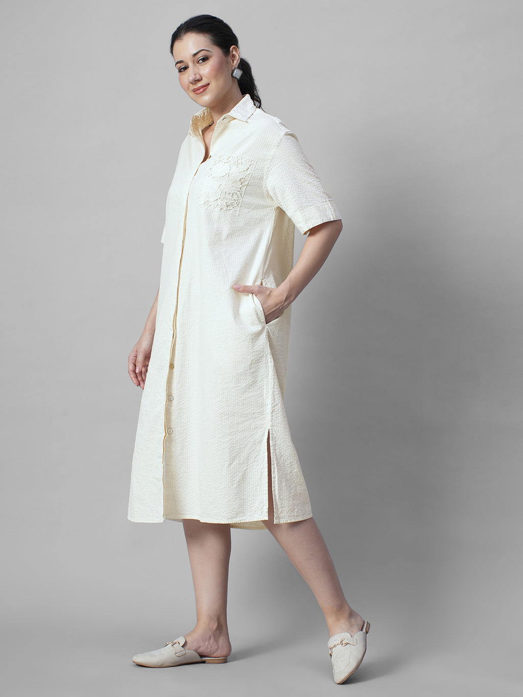 Women's Offwhite 100% Cotton Regular Fit Dress