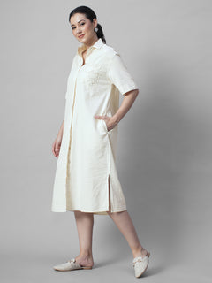 Women's Offwhite 100% Cotton Regular Fit Dress